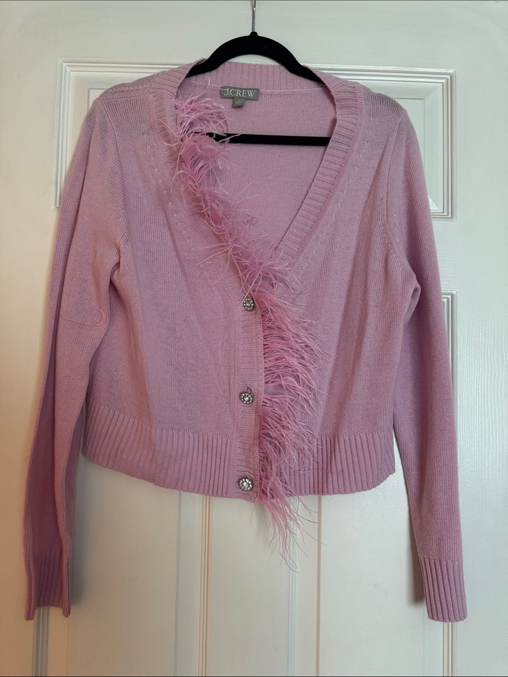 J. Crew Light Pink Feather-Trim Cropped Cardigan